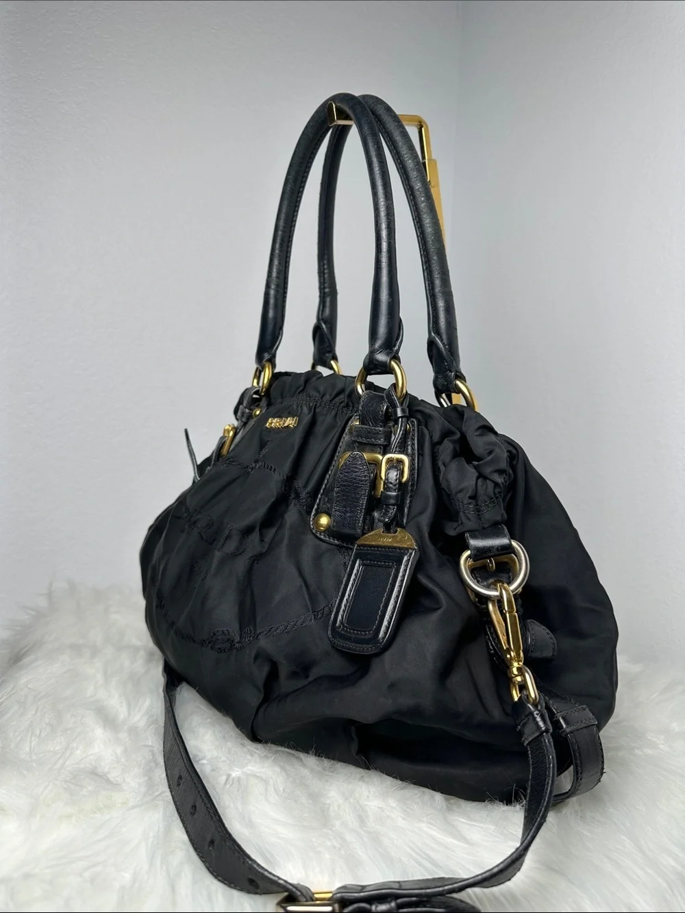 💯Authentic Prada Tessuto Nylon Gathered Satchel Shoulder Bag Black🍀